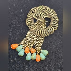 Art Glass Fringe Drop Brooch Faux Turquoise Coral Kinetic Ribbon Knot Unsigned